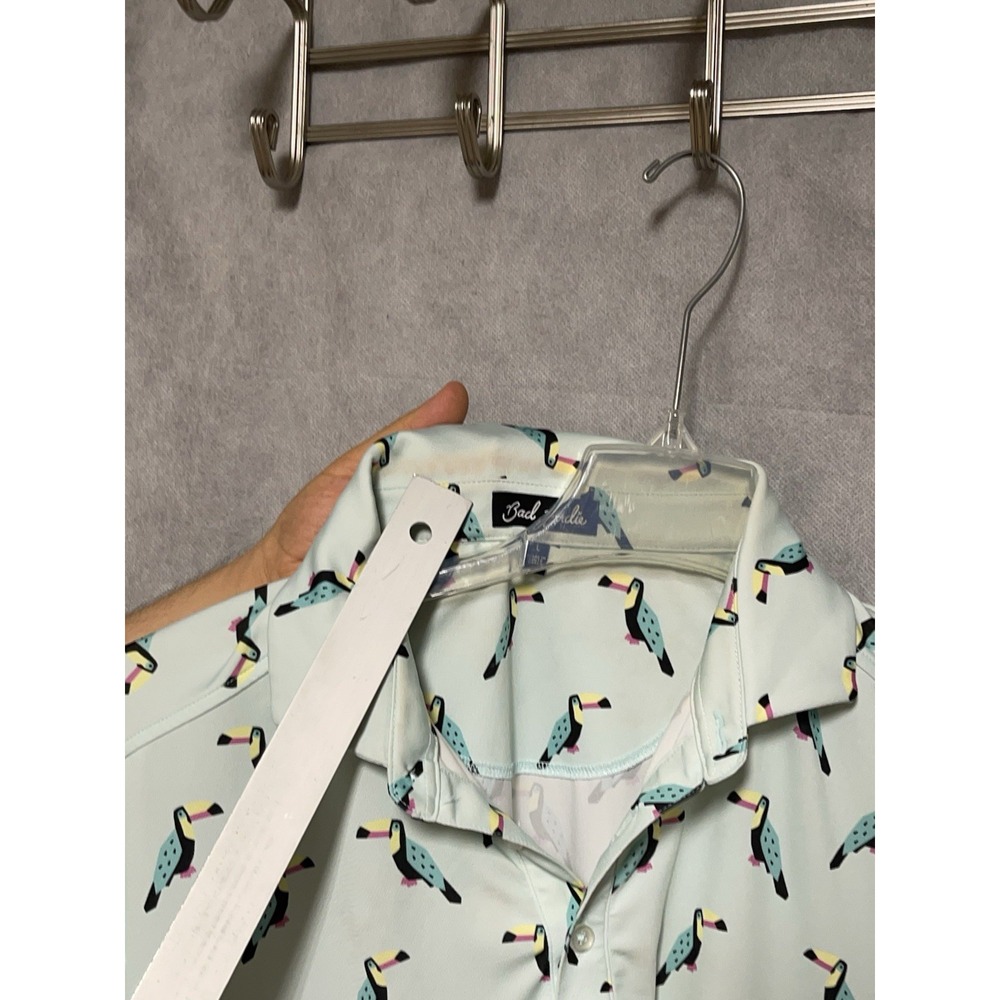 Bad Birdie Polo Shirt Men L Green Toucan Do It Golf AOP Performance Geometric - Picture 8 of 10